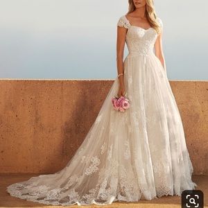 Oleg Cassini Lace Wedding Ball Gown w/ Beading